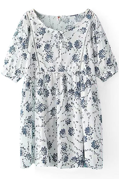 White Background Blue Flower Short Sleeve Peasant Dress