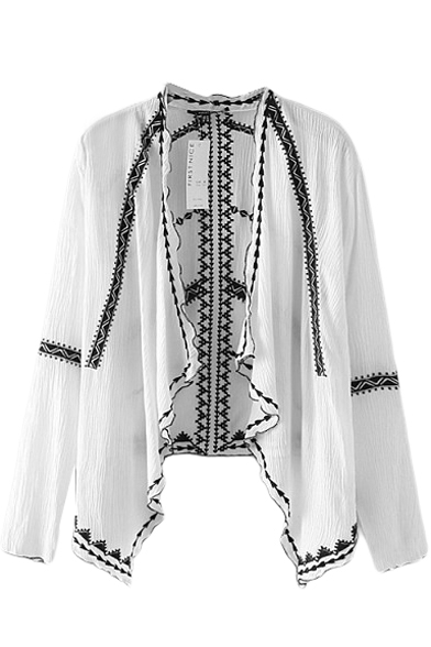 White Long Sleeve Ethnic Embroidered Waterfall Front Coat