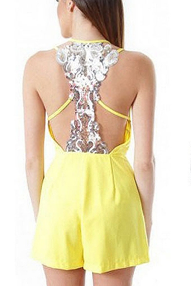 Yellow Plunge Neck Back Sequins Sexy Rompers