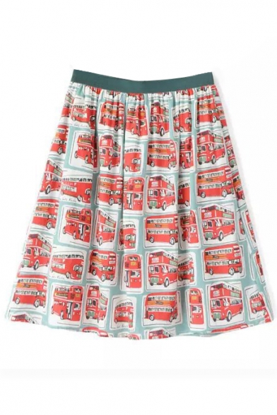 All Over Vintage Red Bus Print Midi Skirt