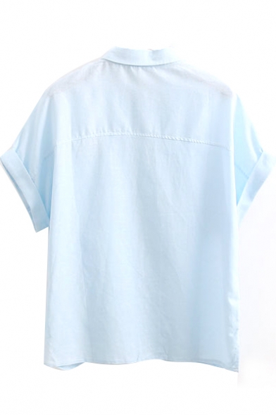 Blue Embroidered Cartoon Short Sleeve Cuffed Shirt - Beautifulhalo.com