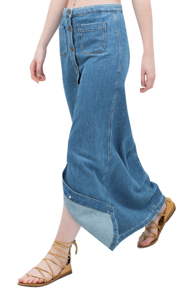 Blue Single-Breasted Front Denim Skirt
