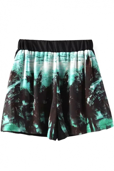 Coconut Tree Print Elastic Waist Shorts
