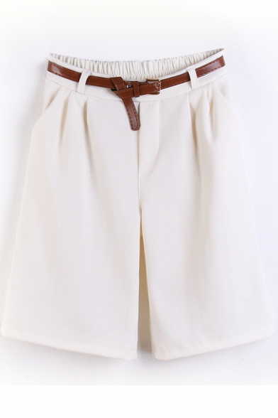 Cream Elastic Waist Midi Business Style Shorts with Belt
