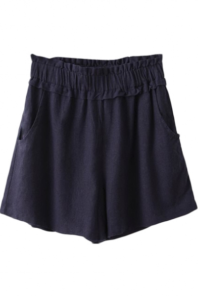 Dark Blue Elastic High Waist Linen Loose Shorts