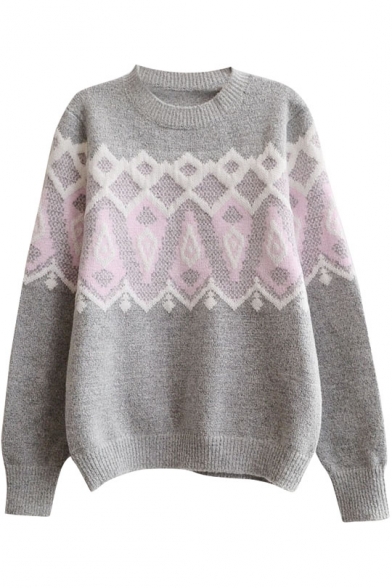 Geometric Jacquard Round Neck Long Sleeve Wool Blend Sweater