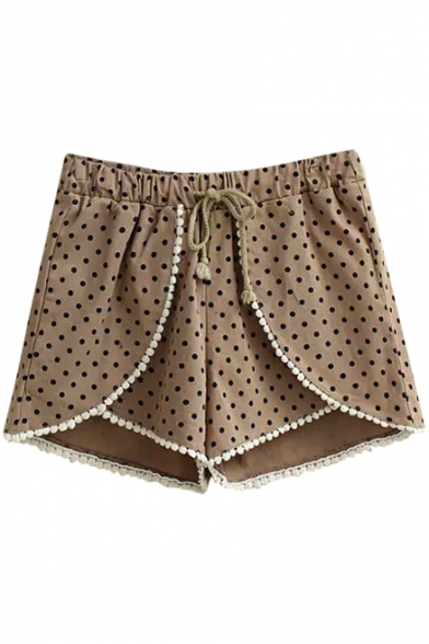 Khaki Dot Print Lace Trim Fold Layer Shorts
