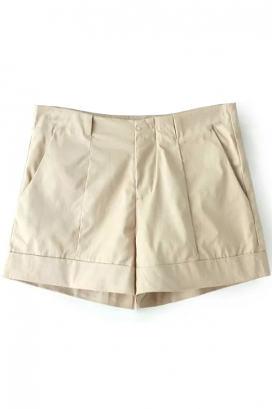 Khaki Plain Pleated Zippered Fitted Shorts
