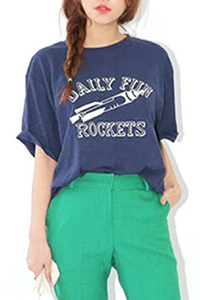 Navy Rocket and Letter Print Short Sleeve Tee