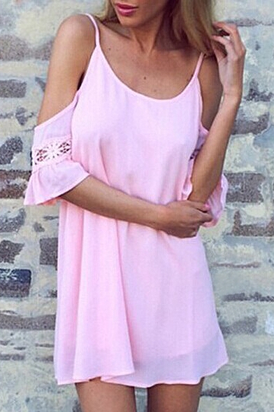 Pink Off The Shoulder Flared Sleeve Cutout Dress