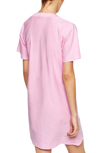 Pink Short Sleeve Sequins Letters T-Shirt Dress