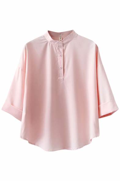 Plain 3/4 Sleeve Stand Collar Buttoned Blouse