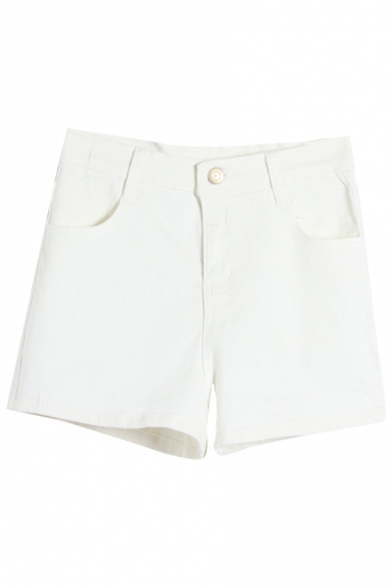 Plain Denim High Waist Shorts with Zipper Fly