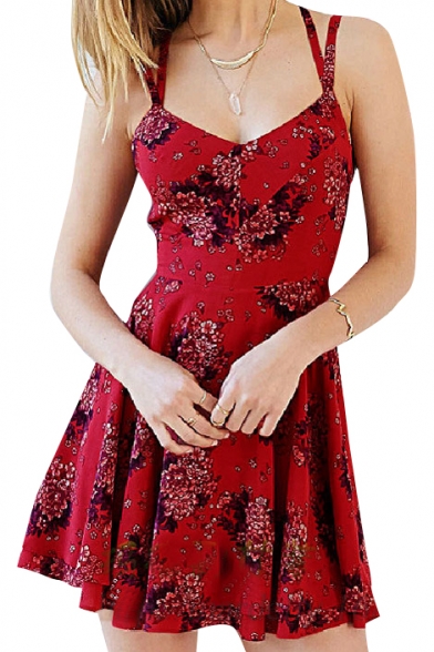 Red Floral Print Spaghetti Strap Cross Back Layer Dress
