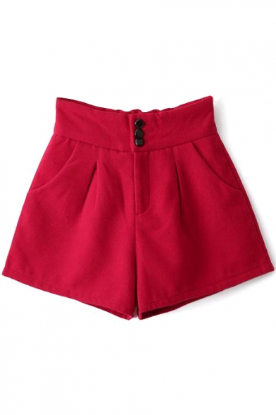 Red High Waist Three Button Fly Wool Shorts