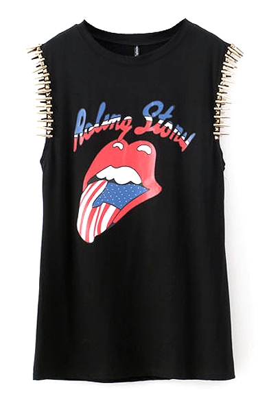 Red Mouth Print Studded Loose Tank