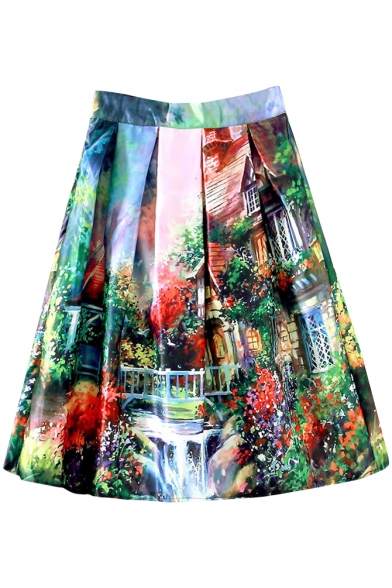 Villa Print High Waist Midi Full Skirt