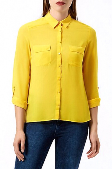 Yellow Double Pocket 3/4 Sleeve Lapel Shirt