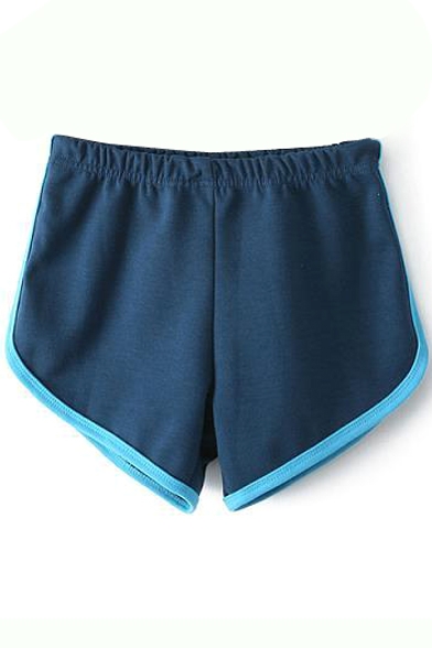 Blue Elastic Waist Cotton Color Block Trim Shorts