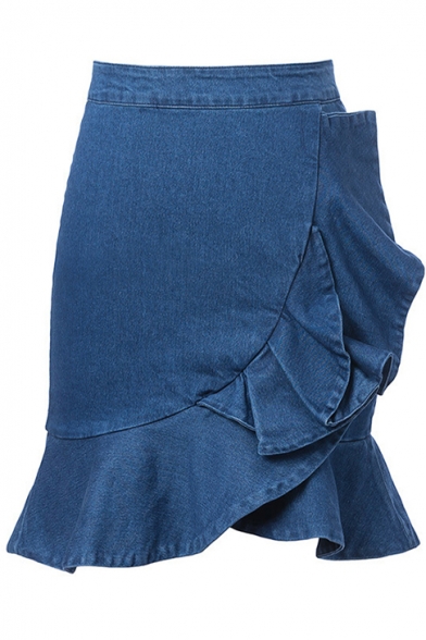 Blue High Waist Ruffled Hem Denim Skirt