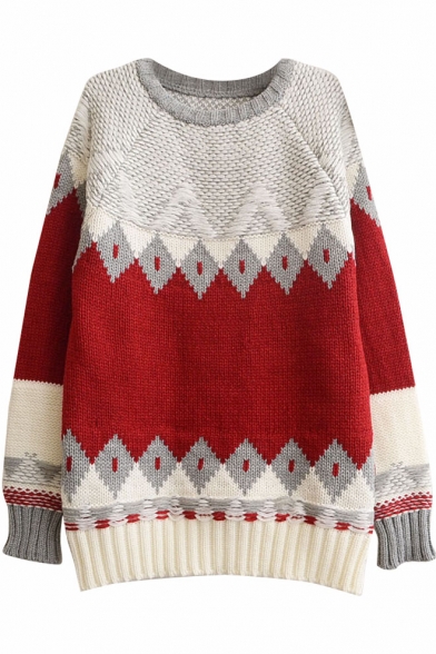 Color Block Raglan Sleeve Geometric Jacquard Round Neck Sweater