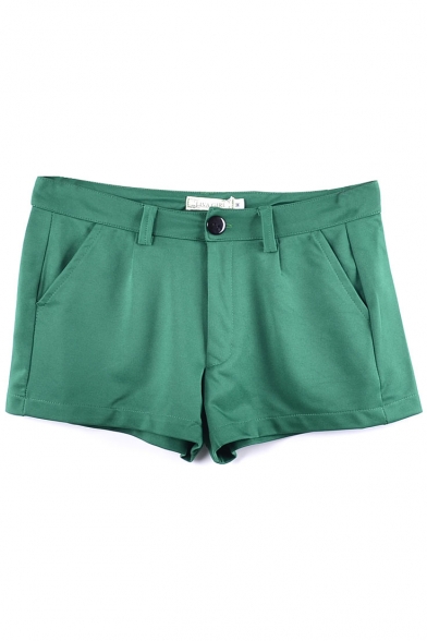 Green Plain Pockets Zipper Fly Shorts