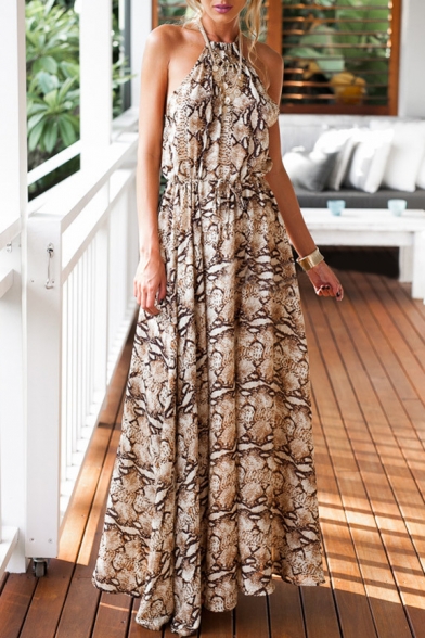 Chiffon Halter Printed Sleeveless Maxi Dresses