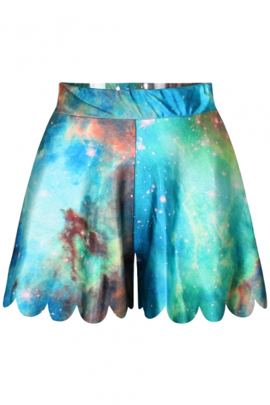 Multi Color Galaxy Print Wide Leg Fitted Shorts