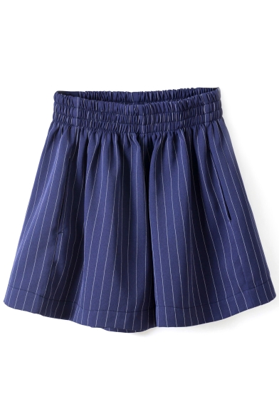Navy High Elastic Waist Wide Leg Stripe Print Shorts