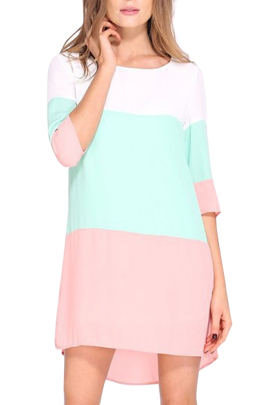 Pink Color Block 3/4 Sleeve Office Lady Style Dress