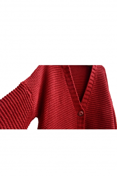 Plain Pockets Embellished Long Sleeve Midi Cardigan with V-Neck