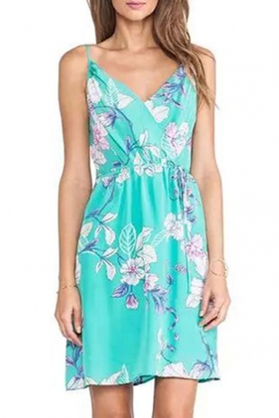 Turquoise V-Neck White Flower Slip Dress