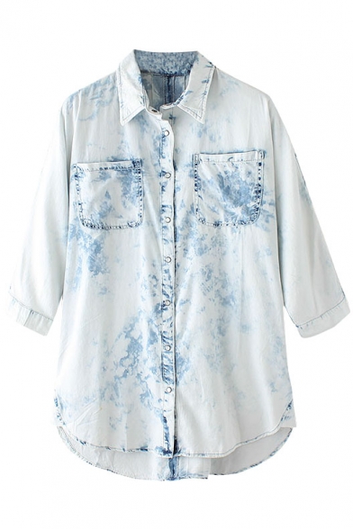 Water Wash Light Blue 3/4 Sleeve Denim Shirt