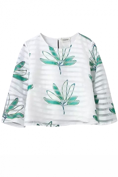 White 3/4 Sleeve Green Leaves Organza Blouse