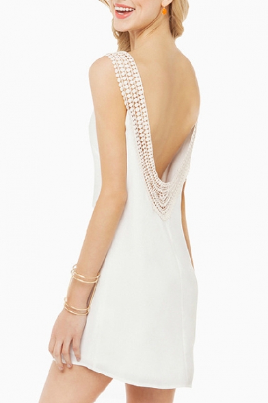 White Backless Cutout Trim Detail Round Neck Dress