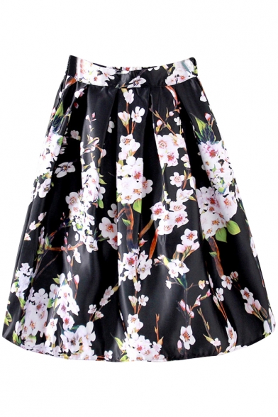 Black High Waist Floral Print Midi Full Skirt