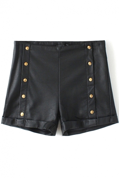 Black PU High Waist Buttons Fitted Shorts