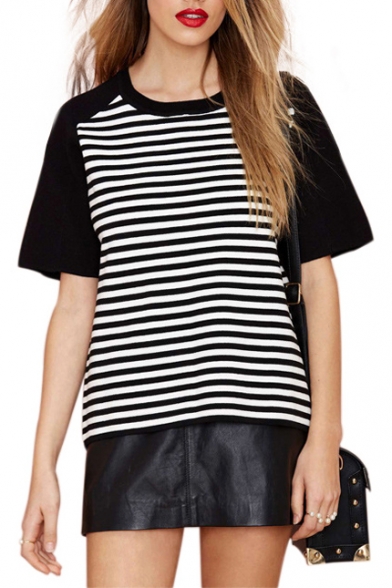 Black Short Sleeve Stripe Boyfriend Style T-Shirt