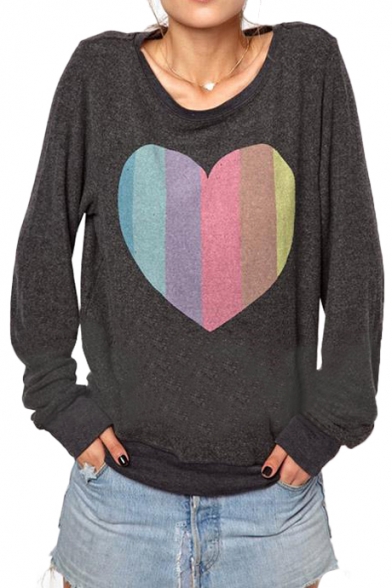 Color Block Style Heart Print Round Neck Long Sleeve Sweatshirt