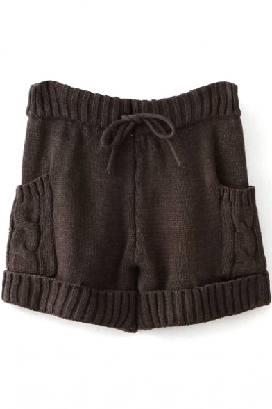 Dark Gray Knitting Elastic Waist Drawstring Shorts