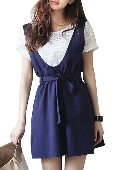 Dark Navy A-line Overall Dress with White Short Sleeve Top Co-ords