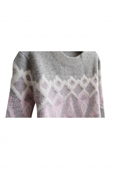 Geometric Jacquard Round Neck Long Sleeve Wool Blend Sweater