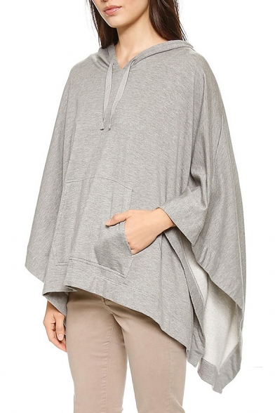 Gray Bell Sleeve Hooded Drawstring Pockets Laid Back Top