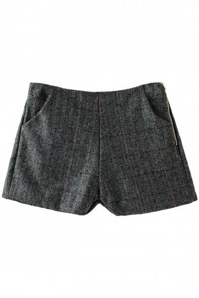Gray Plaid Pockets Zipper Fly Woolen Shorts