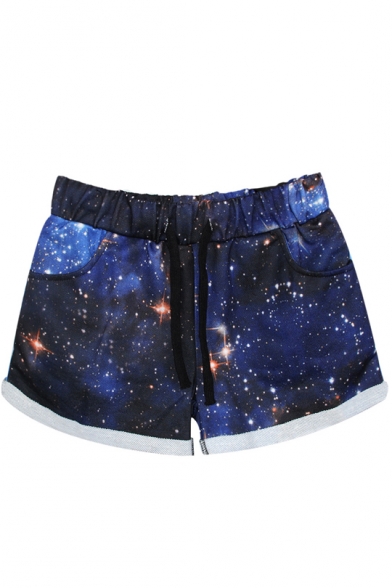 Hot Starry Sky Print Sports Shorts with Drawstring Waist