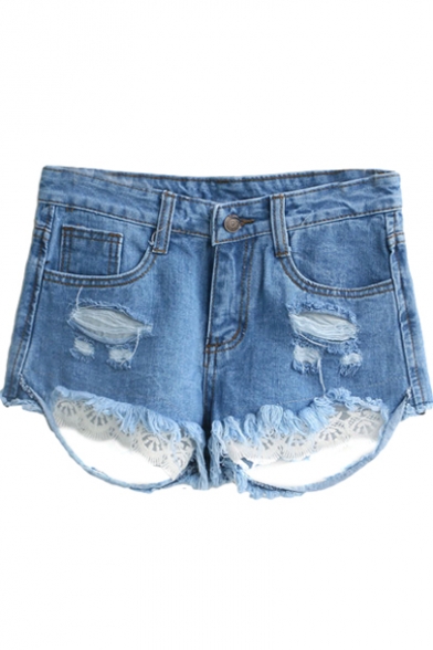 Light Blue Distressed Detail Lace Hem Denim Shorts