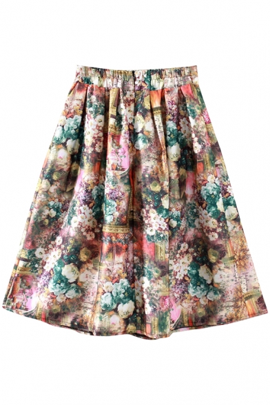 Multi Color Elastic Waist Floral Print Skirt
