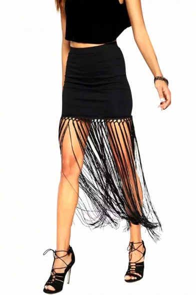 Plain High Waist Fitted Mini Skirt with Tassel
