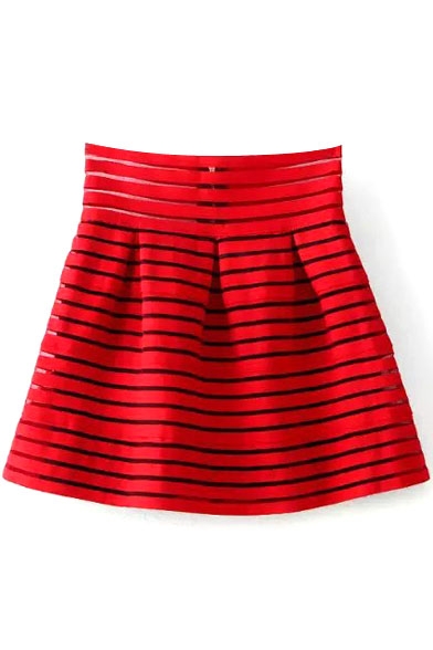 Red High Waist Sheer Stripe Bubble Skirt