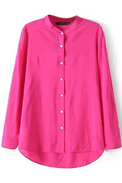 Rose Pink Long Sleeve Stand Collar Dip Hem Basic Shirt
